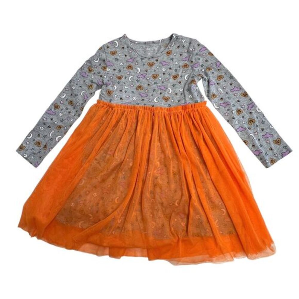 Okie‎ Dokie 5T Halloween Gray Bats, Moon, Candy Corn Dress With Orange Tulle